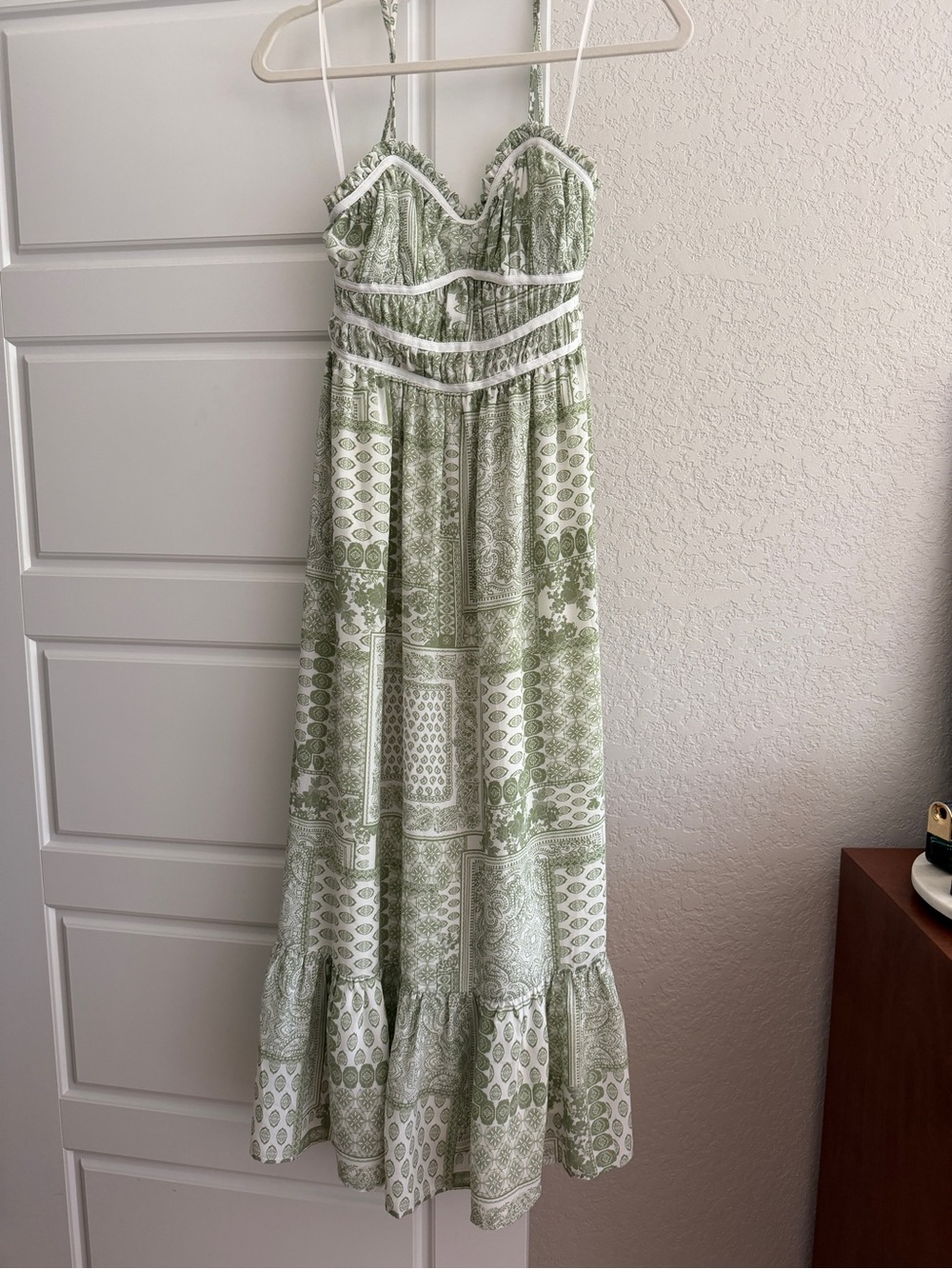 Light Sage Printed Maxi Dress with White Trim